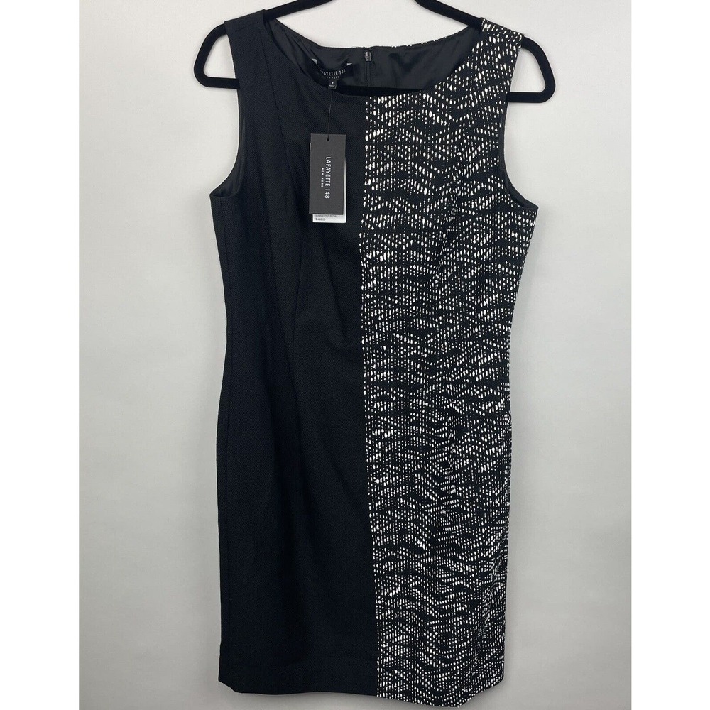 Lafayette 148 Womens Sheath Dress Black White Knee Length Bateu Neck Sz 8 $498